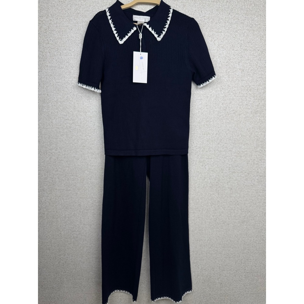Caroline Constas Navy Ribbed Knit 2 Piece Set XS Polo Top Wide Leg Pants NWT
